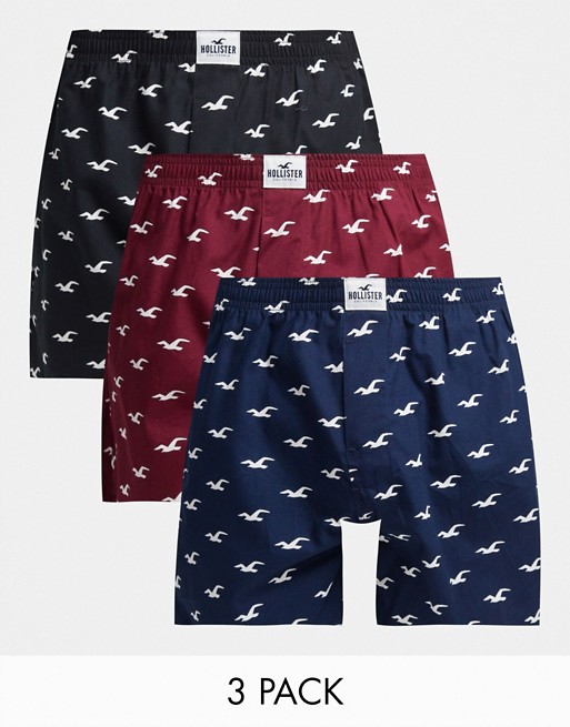 Hollister 3 pack woven boxer in black/pink/blue with all over logo