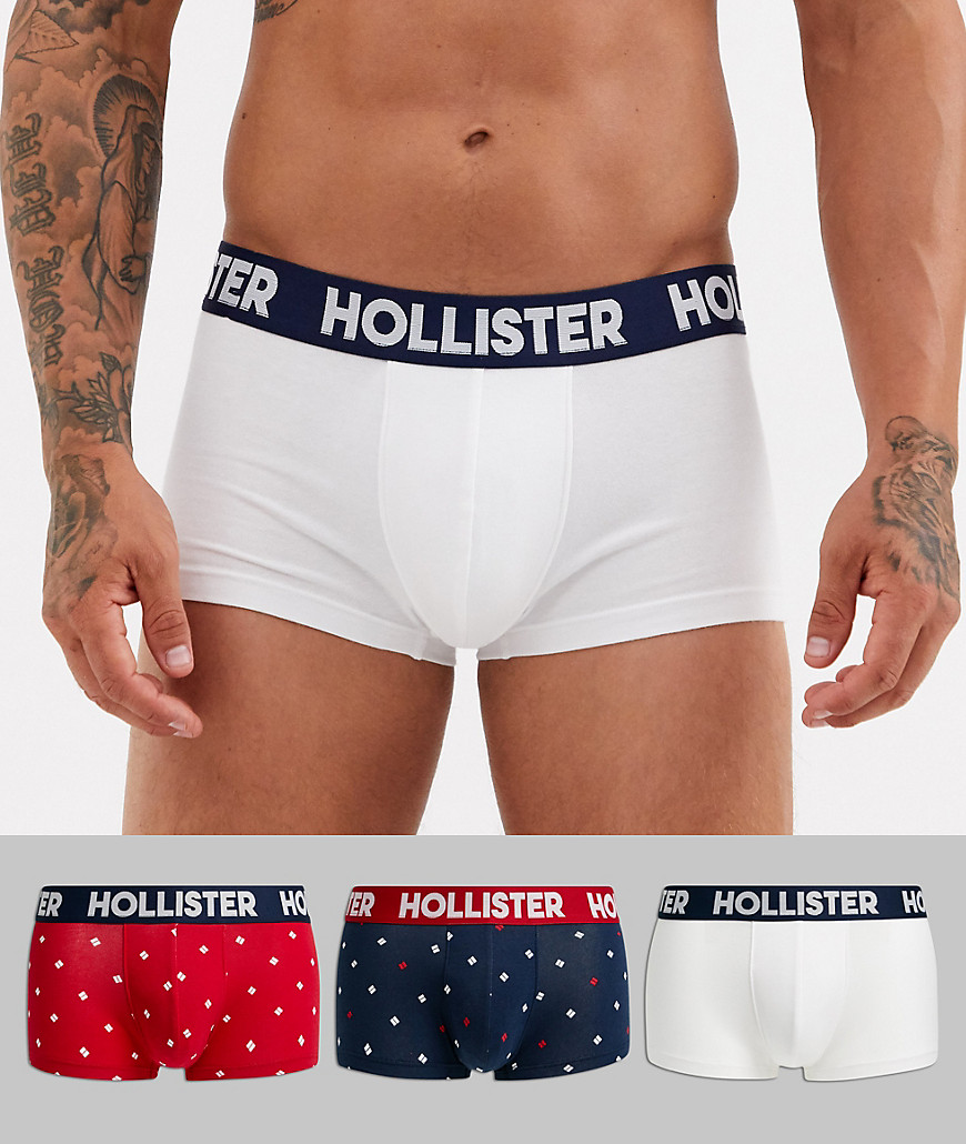 Hollister - 3-pak ensfarvede/printede underbukser med logotaljebånd i marineblå/rød geometrisk/hvid-Multifarvet