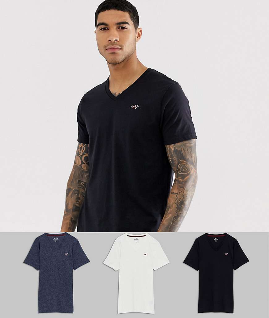 Hollister – 3-pak T-shirt med smal pasform, v-hals og logo i sort, grå og hvid-Multifarvet