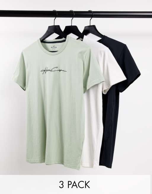 Hollister – 3er-Pack Funktions-T-Shirts in Weiß/Grün/Schwarz mit Logo-Schriftzug