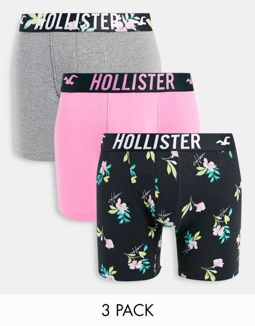 Hollister – 3er-Pack länger geschnittene Unterhosen mit Logobund in Rosa/Grau/Schwarz bedruckt