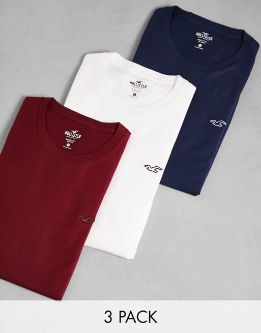 Hollister – 3er-Pack Muskelshirts in Weiß/Rot/Marineblau mit skizziertem Logo