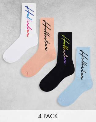 Hollister 4 pack back logo crew socks in multi - ASOS Price Checker