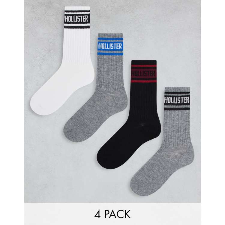 Hollister 4 pack logo varsity stripe crew trainer socks in white