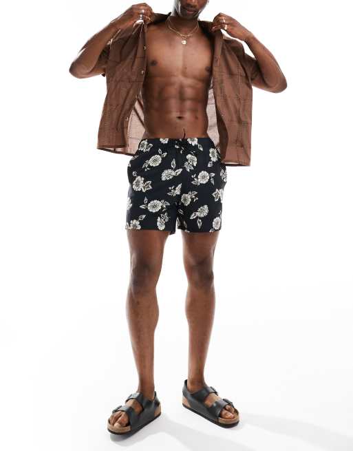 Hollister - 5 inch zwemshort in zwart met bloemenprint