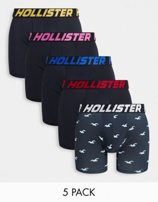 Hollister 5 pack active neon logo waistband plain and all over icon print trunks in black