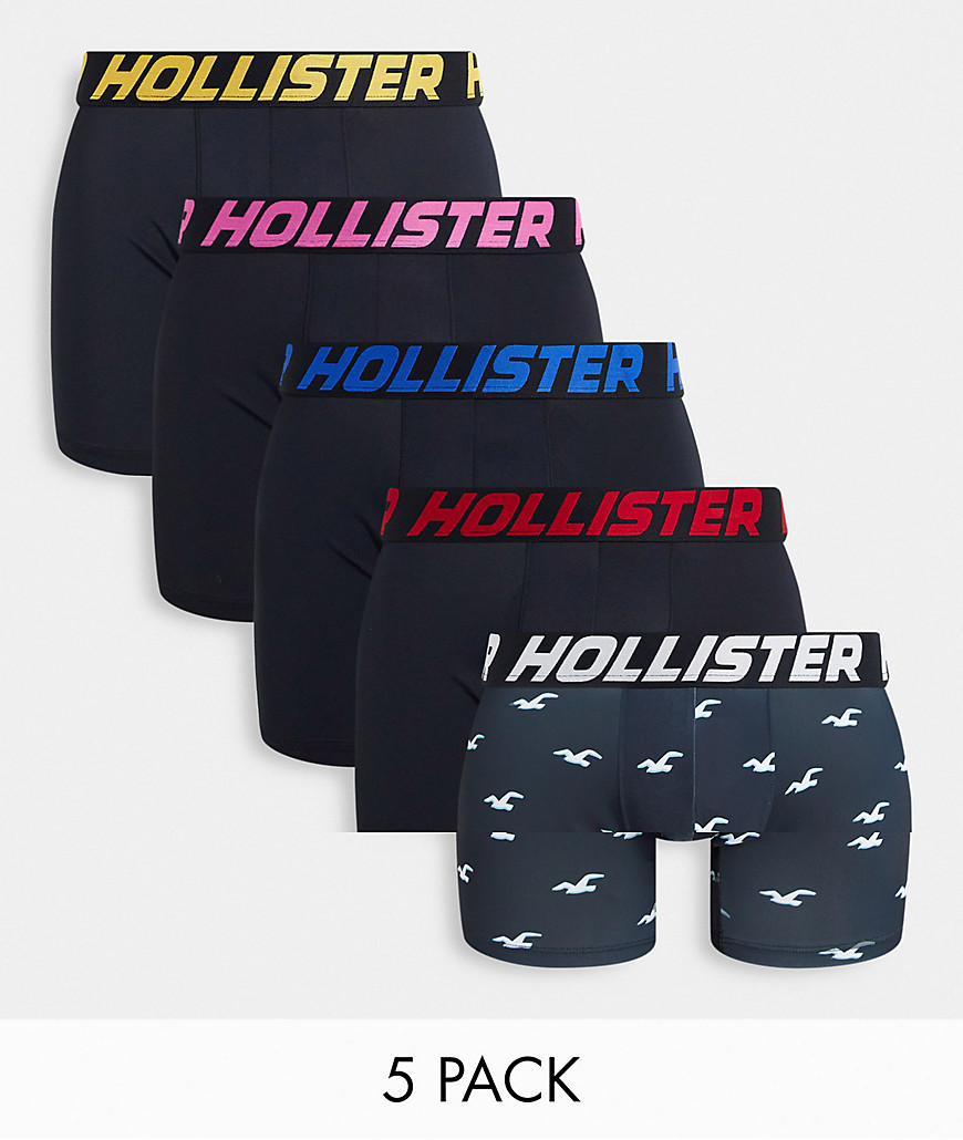 Hollister 5-pack active neon logo waistband plain and all-over icon print trunks in black
