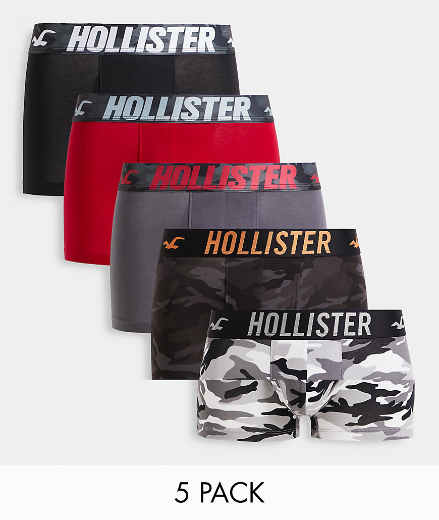Hollister 5 pack camo prints and plain trunks in grays/black/red-Multi