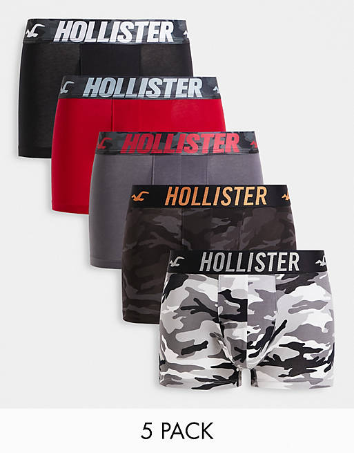 Hollister 5 pack camo prints and plain trunks in grays/black/red