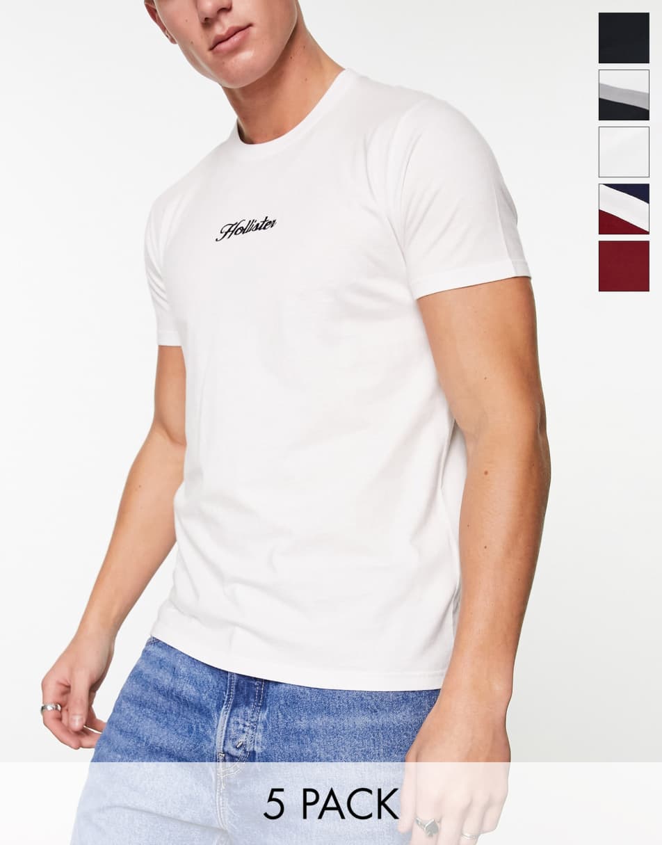 Hollister 5 pack central plain and chest stripe logo t-shirt in multi