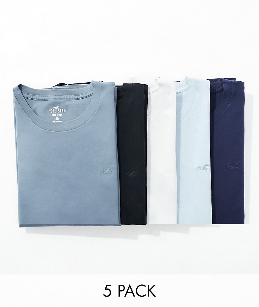 Hollister 5-pack crew neck t-shirt in tonal blues-Multi