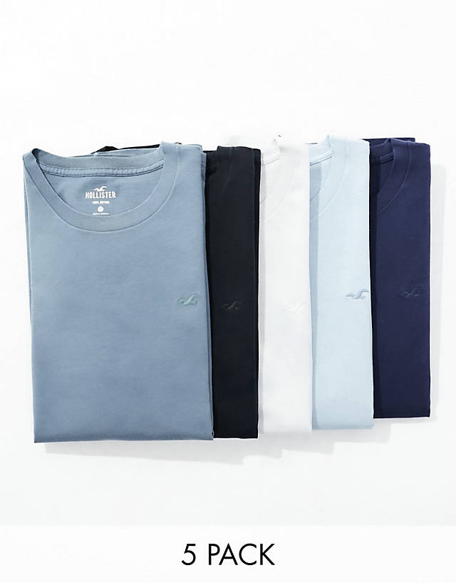 Hollister - 5-pack crew neck t-shirt in tonal blues