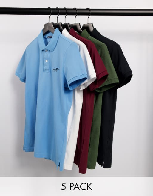 Hollister 5 pack icon logo pique polo in white burgundy blue olive black