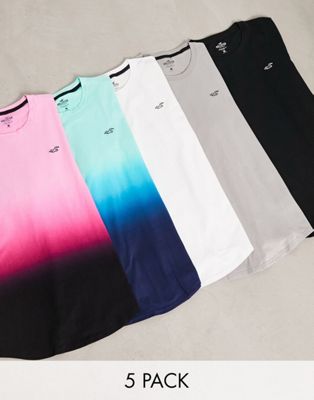 Hollister 5 pack icon logo plain and ombre curved hem t-shirt in multi - ASOS Price Checker