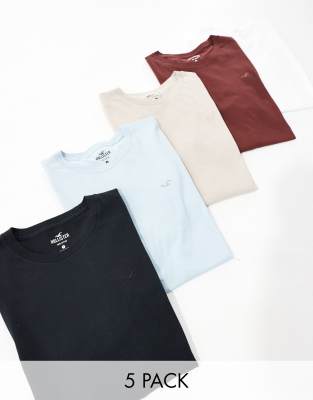 Hollister Hollister 5 pack icon logo t-shirt in white/black/tan/blue/burgundy-Multi