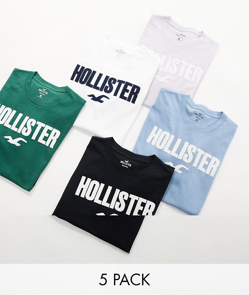 Hollister 5-pack large scale logo t-shirt in white, lilac, blue, green and black-Multi