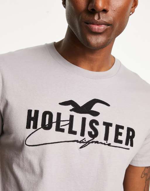 Hollister tech retro logo blocking t-shirt in white/gray marl, ASOS