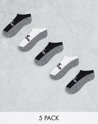Hollister 5 pack logo ankle trainer socks in black/grey/white
