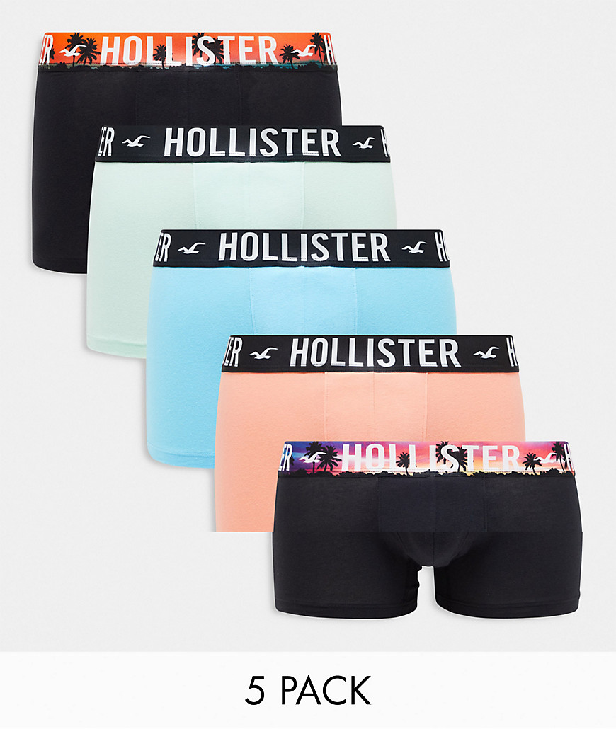 Hollister 5 pack logo landscape print waistband trunks in blues/pink/black-Multi