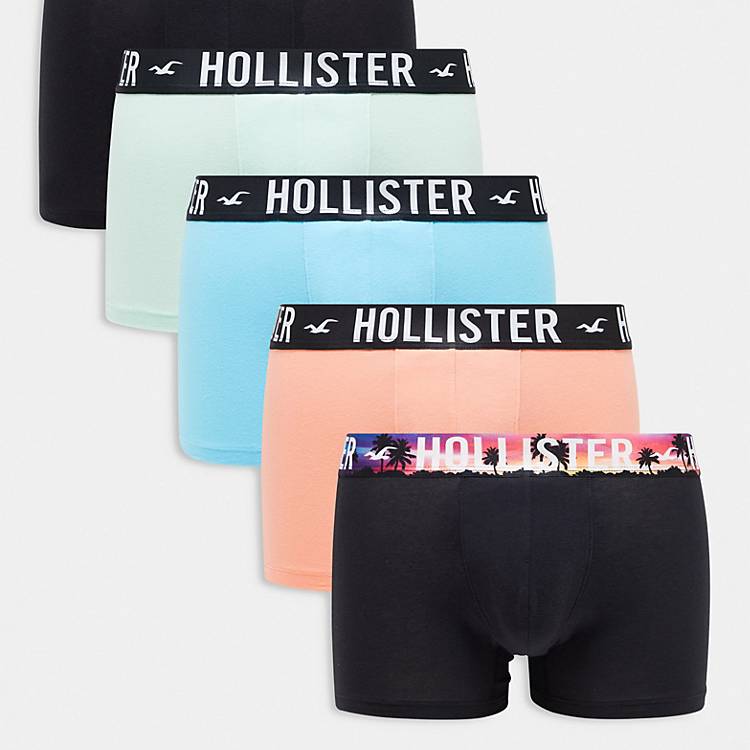 Hollister 5 pack logo landscape print waistband trunks in blues/pink/black