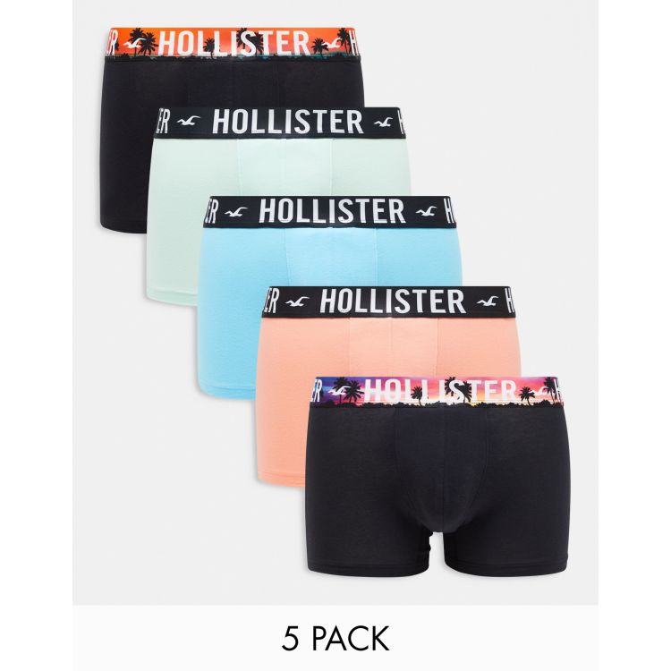 Hollister 5 pack logo landscape print waistband trunks in blues/pink/black