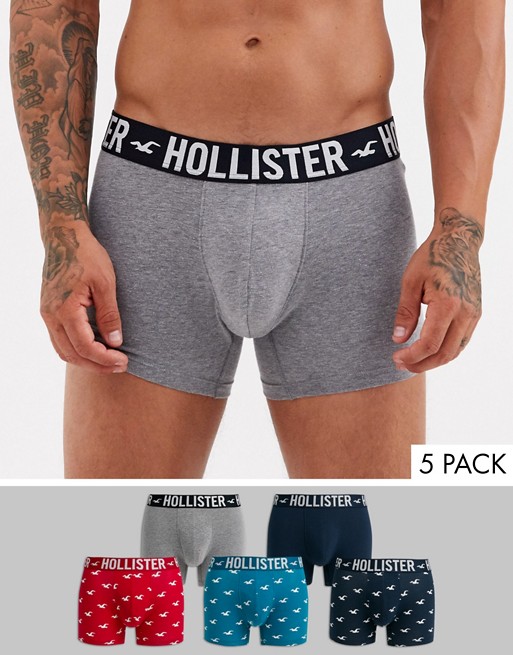 Hollister 5 pack plain/icon print trunks logo waistband in blue/navy/red print & navy/grey plain