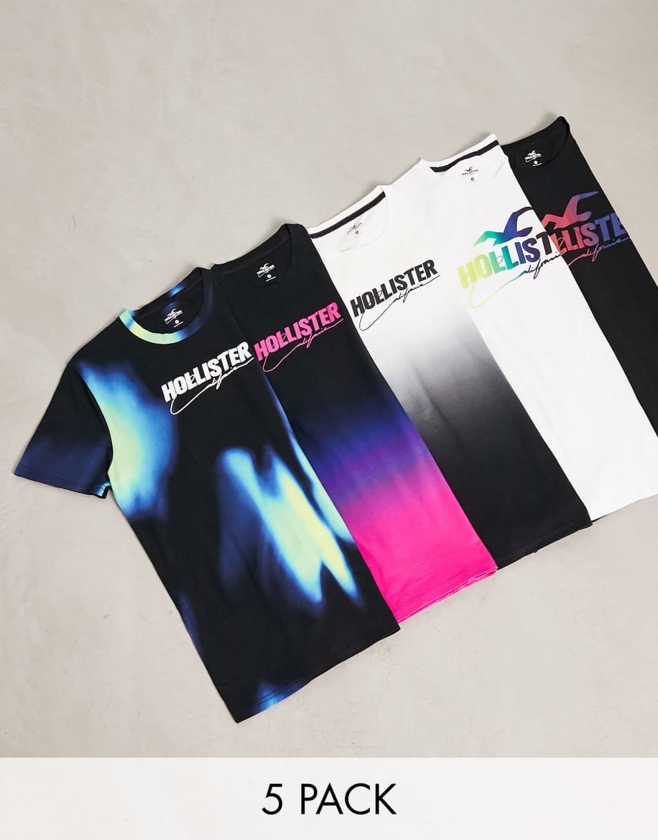 Hollister 5 pack plain/ombre/acid wash print t-shirt in multi