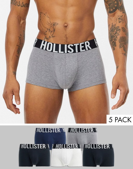 Hollister 5 pack plain short length trunks logo waistband in black/white/grey/navy/blue