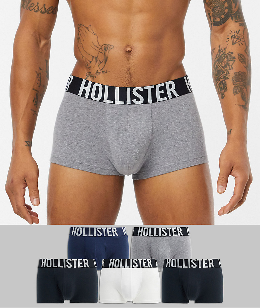 Hollister 5 pack plain short length trunks logo waistband in black/white/grey/navy/blue-Multi