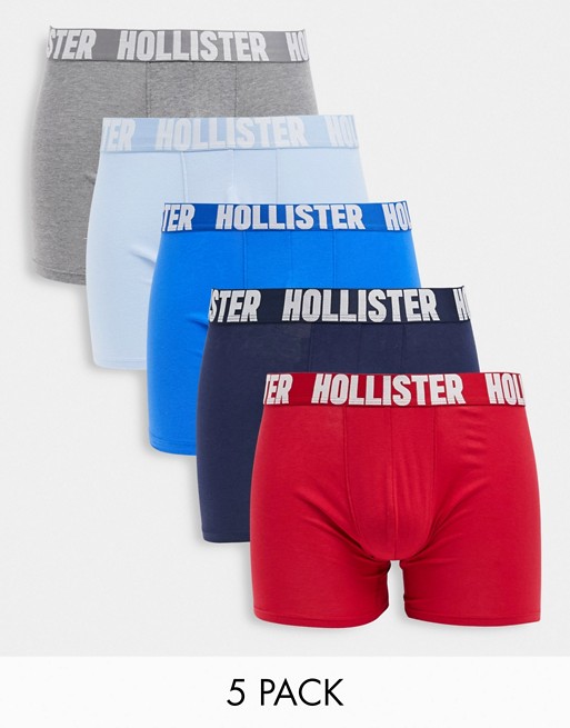 Hollister 5 pack plain trunks with logo waistband in grey blue navy red light blue