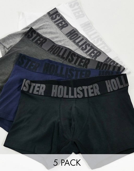 Hollister 5 pack trunks in black/navy/grey/white/light grey with logo waistband