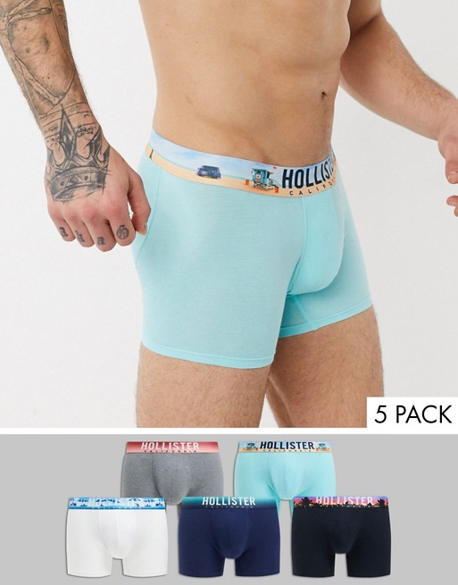 Hollister 5 pack trunks printed logo waistband in white/blue/black/grey/green