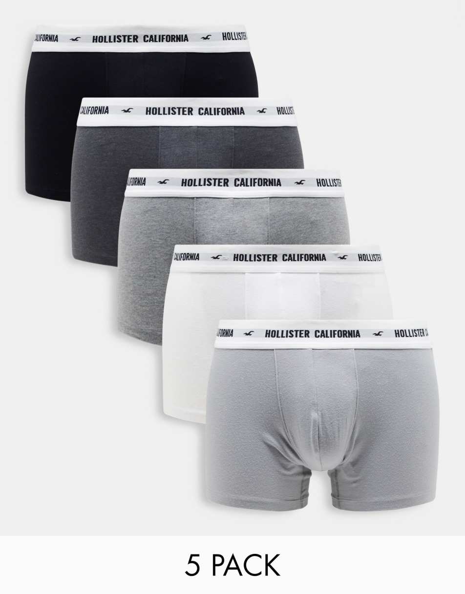 Hollister 5 pack white logo waistband trunks in white/grey/black