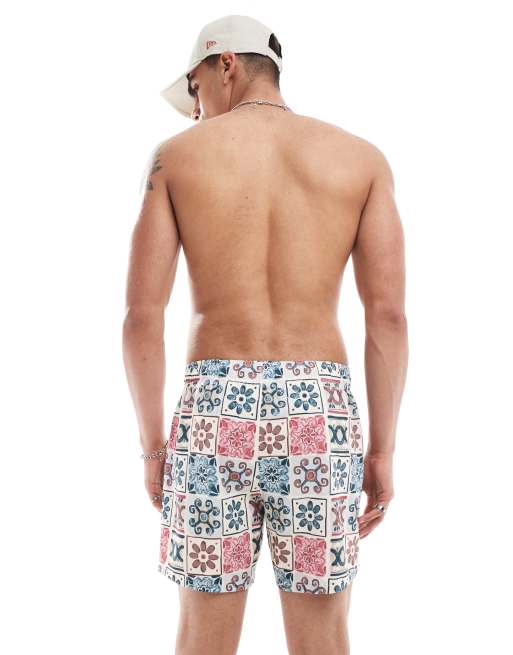 Hollister 5inch tile print swim shorts in off white ASOS