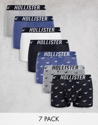 Hollister 7 pack all over icon logo and plain trunks in greys/blues/white/black
