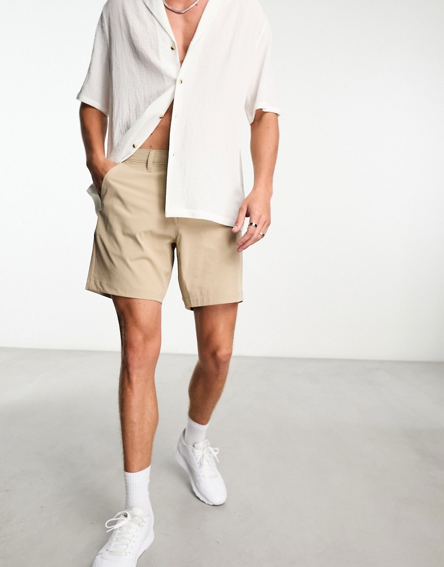 Hollister 7inch flat front chino shorts in khaki tan-Brown
