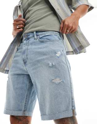 Hollister Hollister 9inch distressed slim fit denim shorts in light wash-Blue