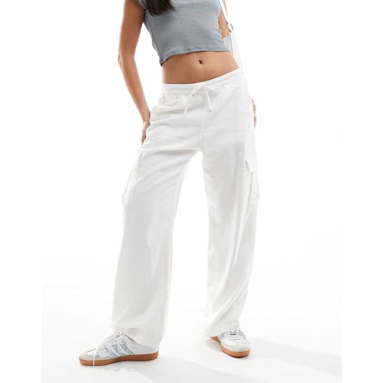 Hollister adjustable rise cargo parachute pants in white | ASOS