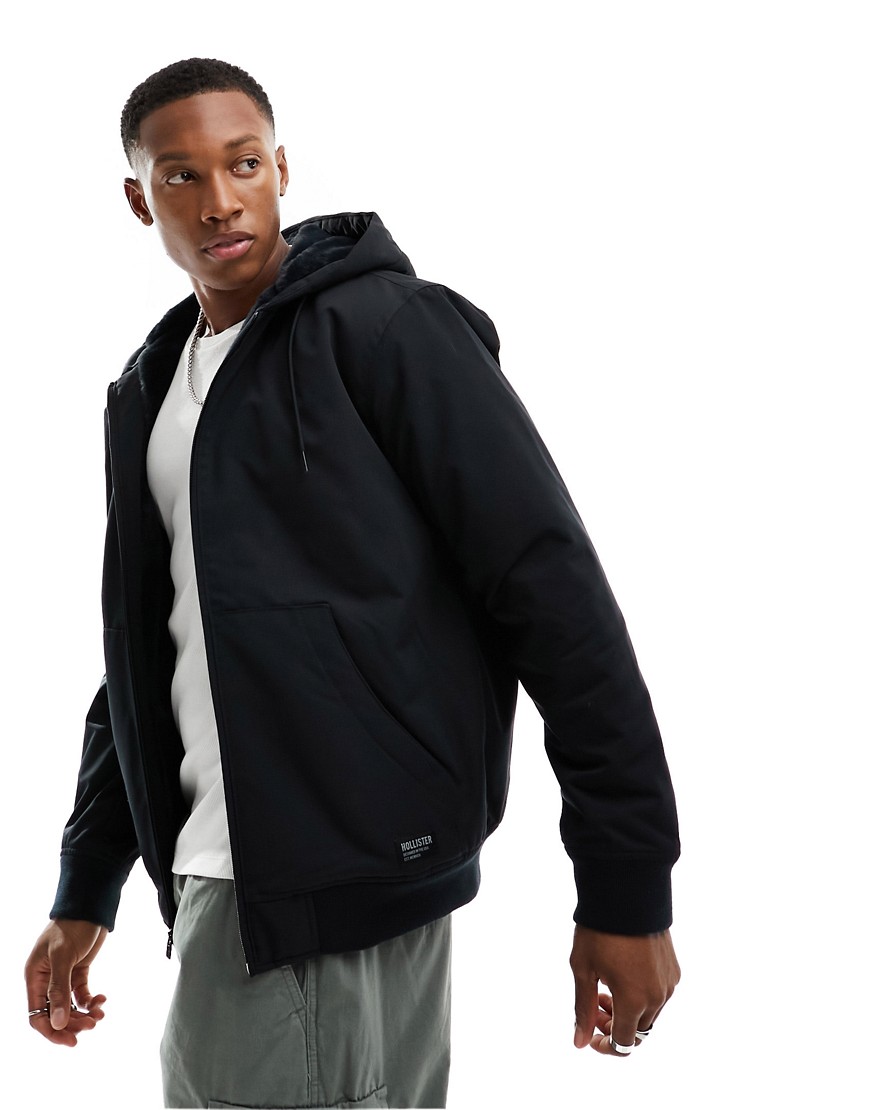 Hollister all weather borg lined hooded bomber jacket in black