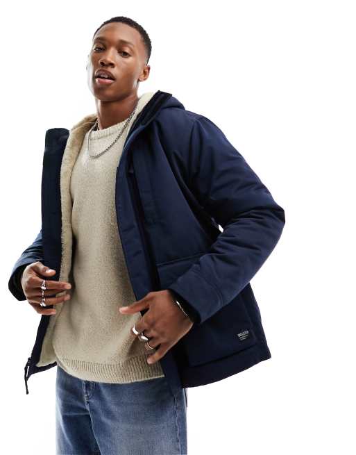 Hollister all weather borg lined hooded winter jacket in navy