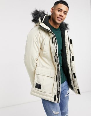 Hollister all weather faux fur hood borg lined parka in stone