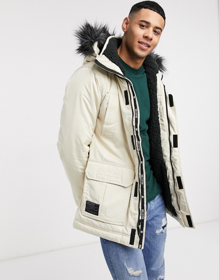 Hollister all weather faux fur hood borg lined parka in stone