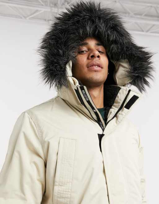 Hollister all weather faux fur hood borg lined parka in stone ASOS
