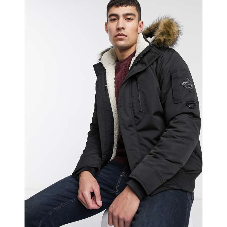 Hollister all weather faux fur lined hooded bomber in black