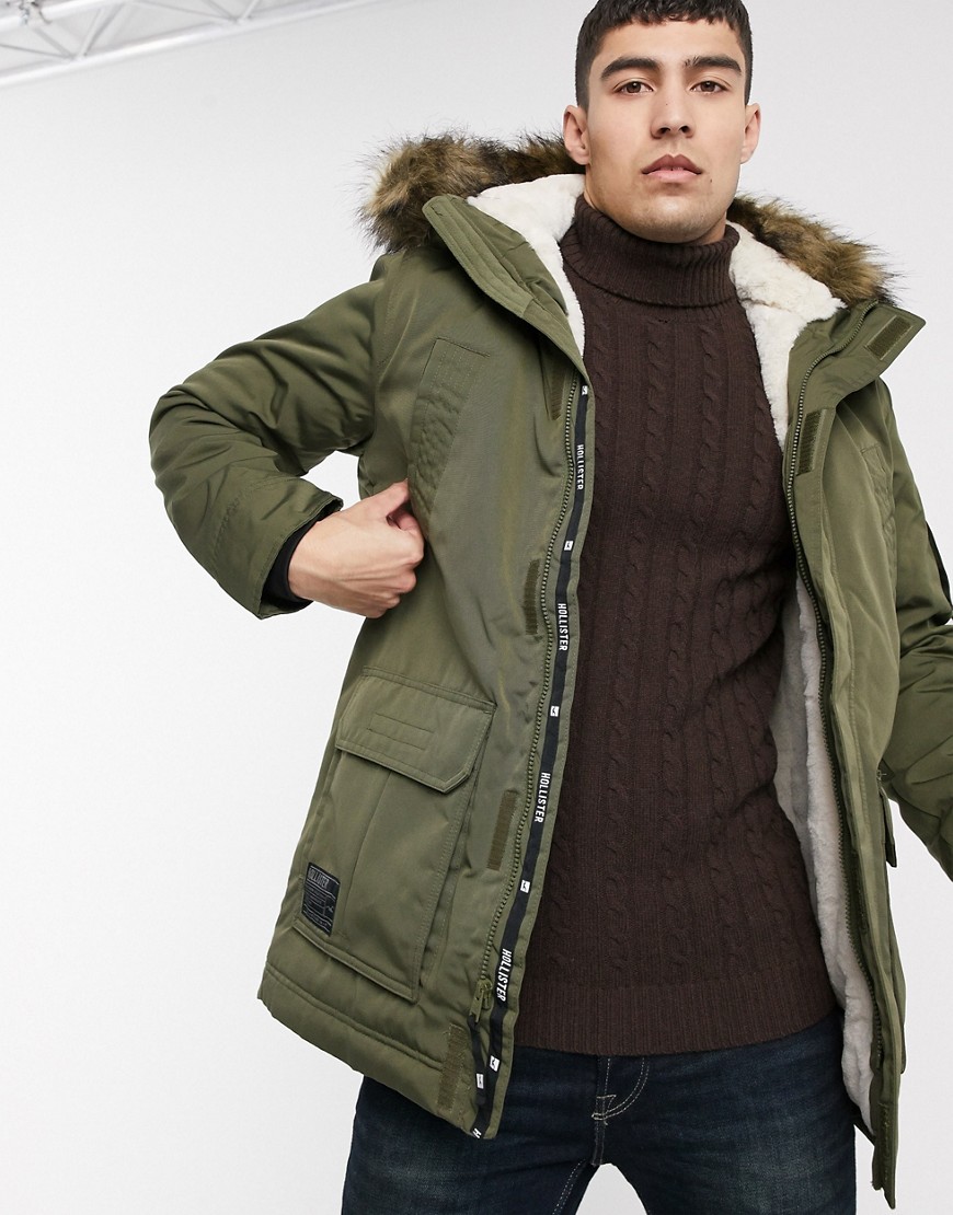 Hollister all weather faux fur lined hooded parka in olive green