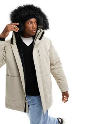 Hollister all weather faux fur trim hooded parka in stone ASOS