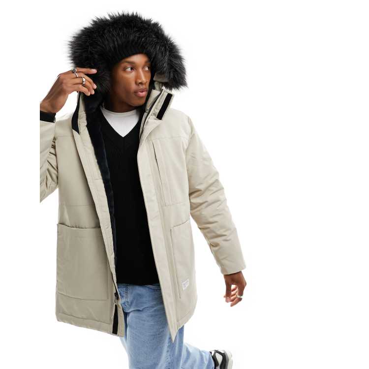 Hollister all weather faux fur trim hooded parka in stone ASOS