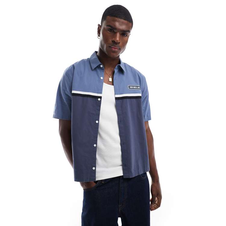 Hollister americana auto workwear motif back shirt in navy | ASOS