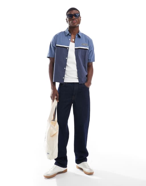 Hollister americana auto workwear motif back shirt in navy | ASOS