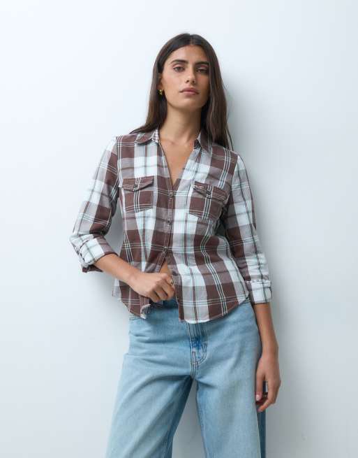 Hollister anni 2000 slim fit camicia di flanella con scollo a V a quadri marroni, 1 di 4